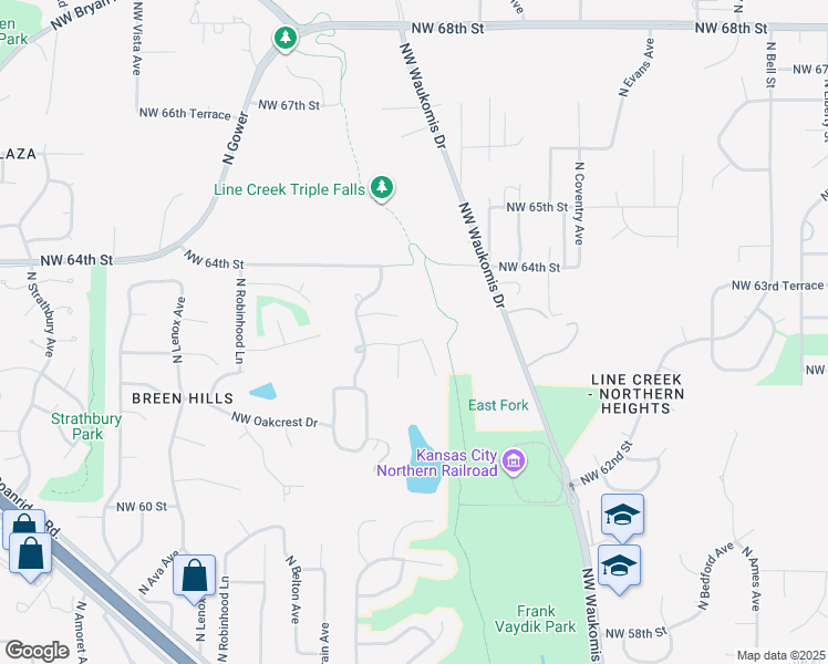 map of restaurants, bars, coffee shops, grocery stores, and more near 3009 Northwest 63rd Street in Kansas City