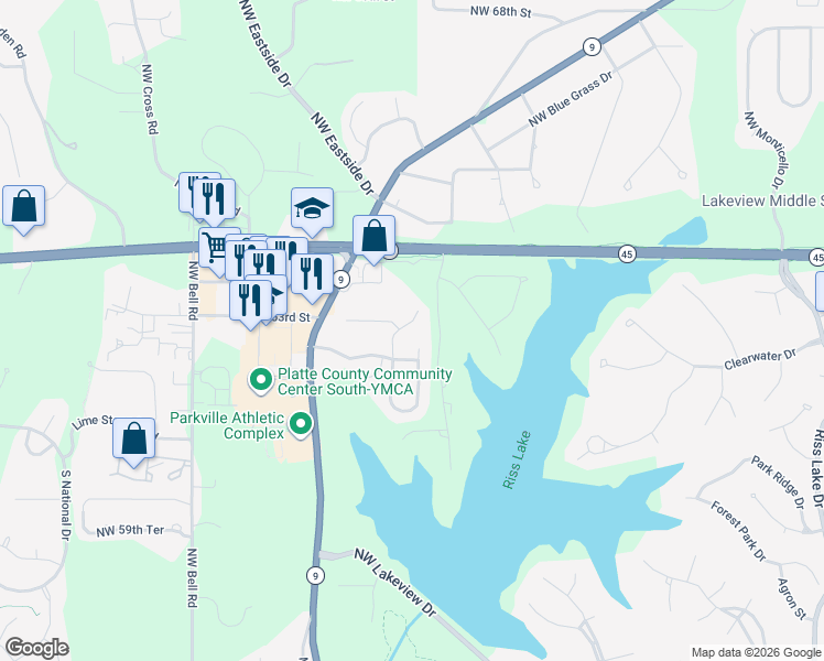 map of restaurants, bars, coffee shops, grocery stores, and more near 6217 Northwest Pineridge Road in Parkville