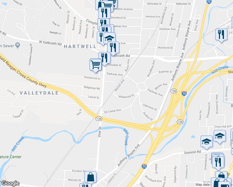 map of restaurants, bars, coffee shops, grocery stores, and more near 108 Wildwood Street in Cincinnati