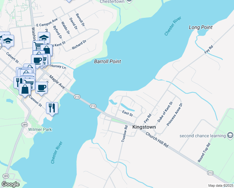 map of restaurants, bars, coffee shops, grocery stores, and more near 108 Rivershore Road in Chestertown