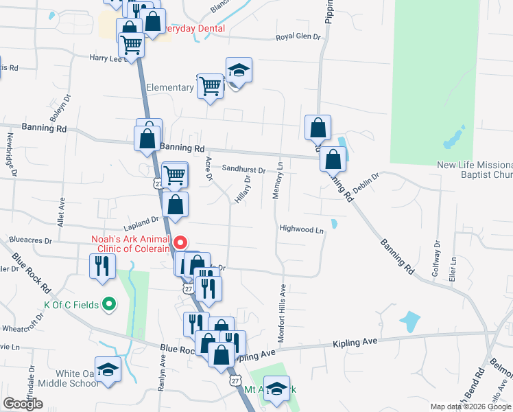 map of restaurants, bars, coffee shops, grocery stores, and more near 6781 Rutherford Court in Cincinnati
