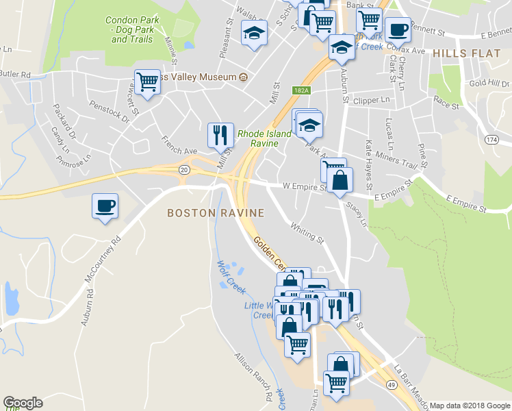 map of restaurants, bars, coffee shops, grocery stores, and more near 508 Granite Hill Court in Grass Valley