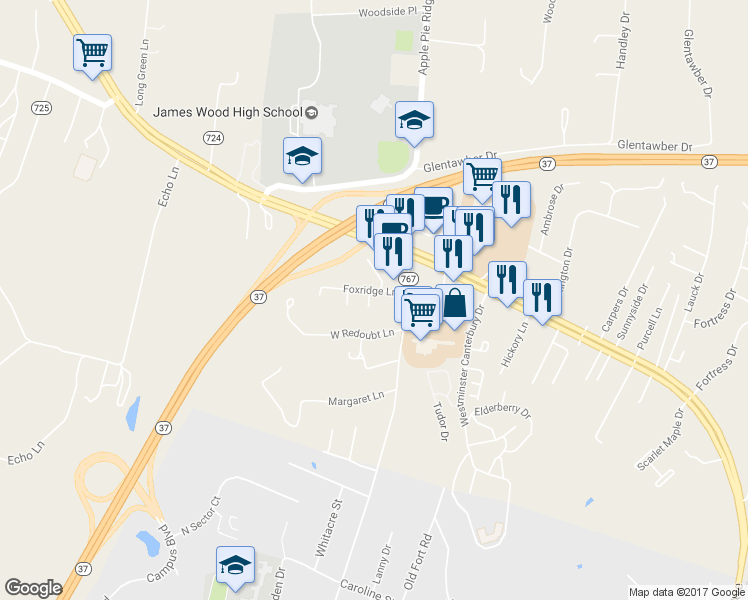 map of restaurants, bars, coffee shops, grocery stores, and more near 113 Fox Court in Winchester