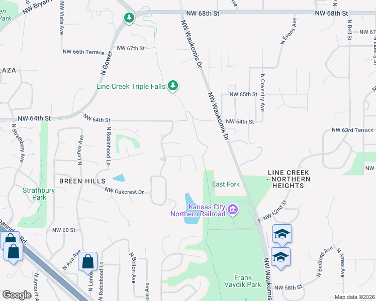 map of restaurants, bars, coffee shops, grocery stores, and more near 3009 Northwest 63rd Street in Kansas City