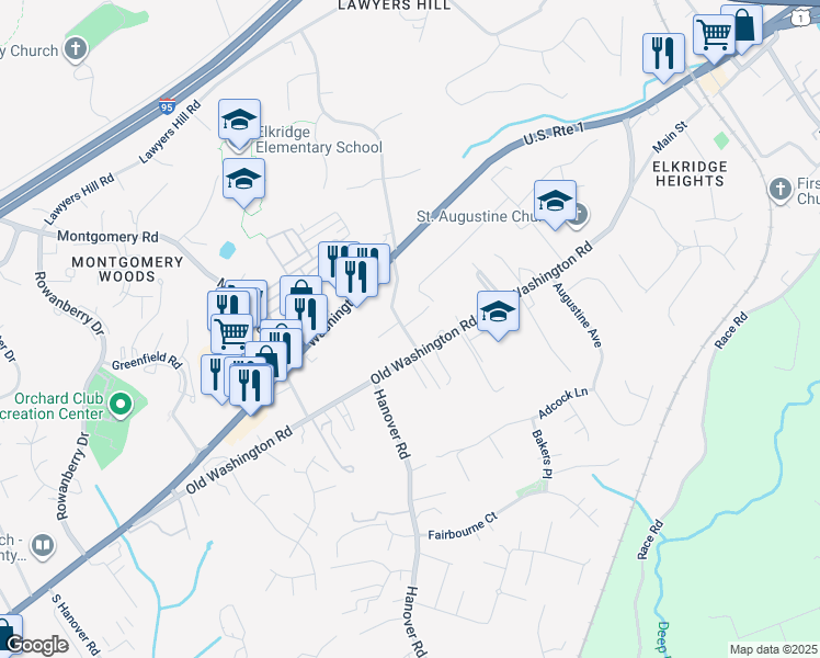 map of restaurants, bars, coffee shops, grocery stores, and more near 6165 Hooks Lane in Elkridge
