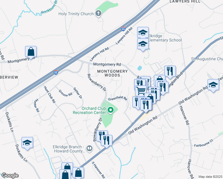 map of restaurants, bars, coffee shops, grocery stores, and more near 6015 Rock Glen Drive in Elkridge