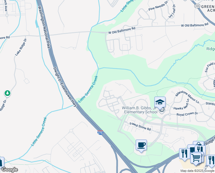 map of restaurants, bars, coffee shops, grocery stores, and more near 21341 Bunyan Circle in Germantown