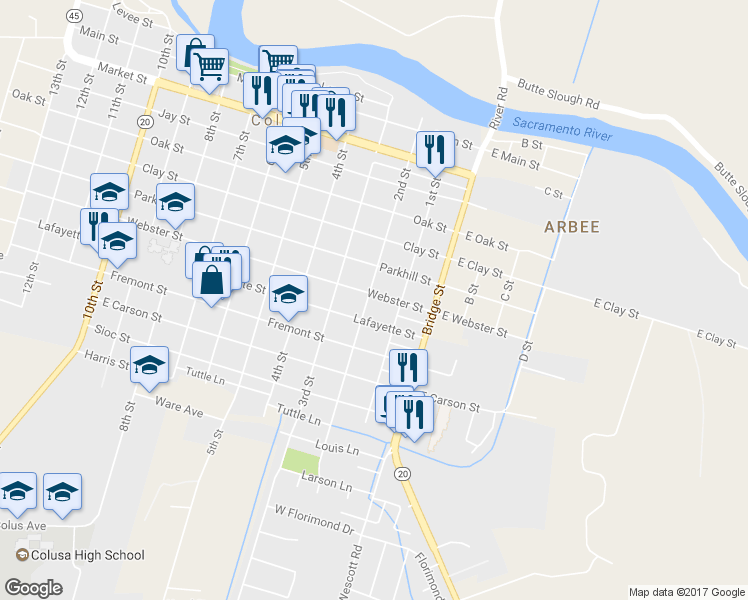 map of restaurants, bars, coffee shops, grocery stores, and more near 711 2nd Street in Colusa