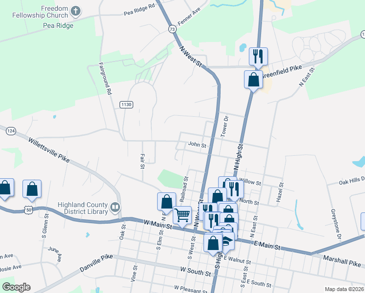 map of restaurants, bars, coffee shops, grocery stores, and more near 251 John Street in Hillsboro