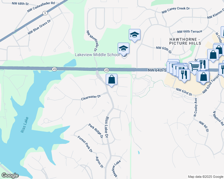 map of restaurants, bars, coffee shops, grocery stores, and more near 7823 Northwest Twilight Place in Parkville