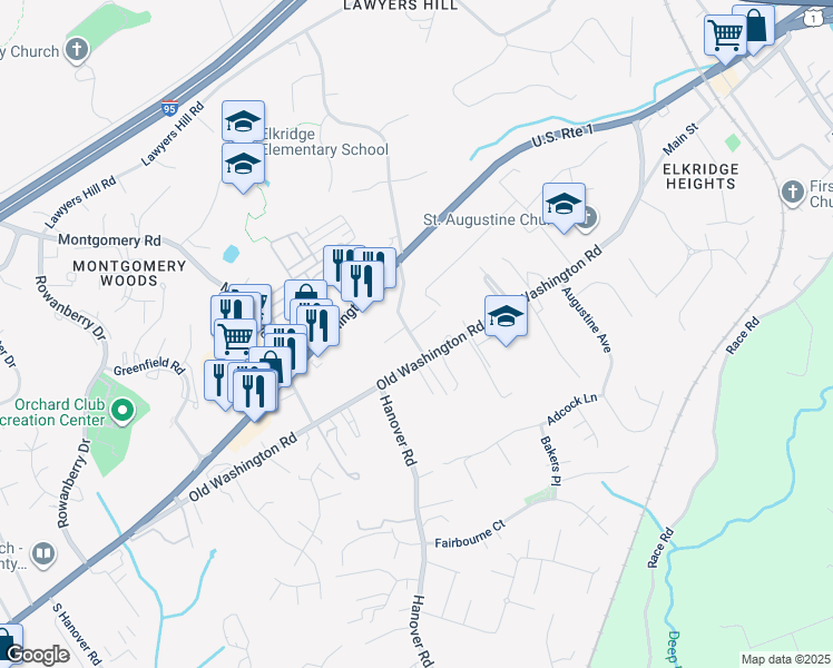 map of restaurants, bars, coffee shops, grocery stores, and more near 6165 Hooks Lane in Elkridge