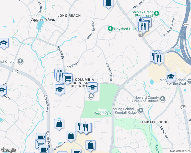 map of restaurants, bars, coffee shops, grocery stores, and more near 8634 Cobblefield Drive in Columbia