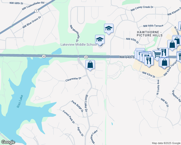 map of restaurants, bars, coffee shops, grocery stores, and more near 7823 Northwest Twilight Place in Parkville
