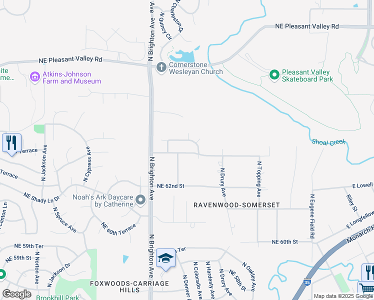 map of restaurants, bars, coffee shops, grocery stores, and more near 5216 Northeast 63rd Street in Kansas City