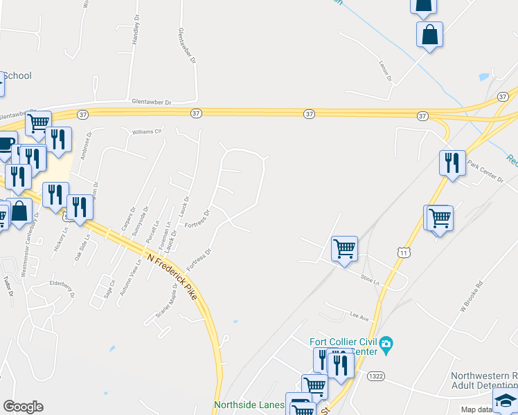 map of restaurants, bars, coffee shops, grocery stores, and more near 409 Fortress Drive in Winchester