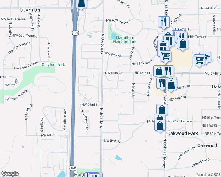 map of restaurants, bars, coffee shops, grocery stores, and more near 202 Northwest 63rd Street in Kansas City
