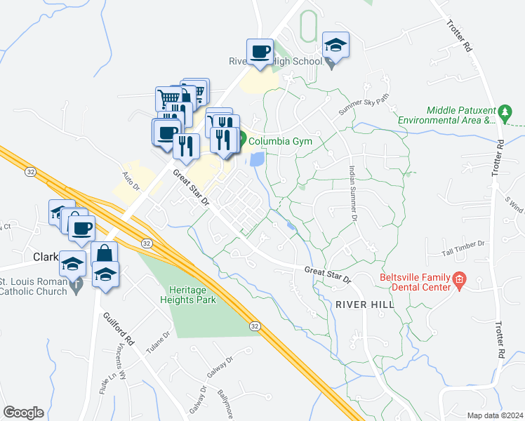 map of restaurants, bars, coffee shops, grocery stores, and more near 5925 Fleets of Time Court in Clarksville