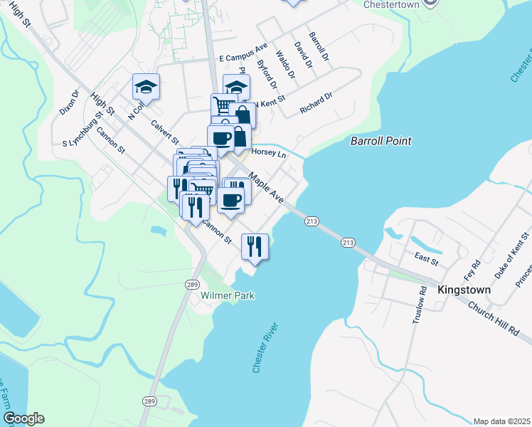 map of restaurants, bars, coffee shops, grocery stores, and more near 110 North Water Street in Chestertown