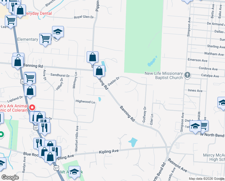 map of restaurants, bars, coffee shops, grocery stores, and more near 2432 Banning Road in Cincinnati