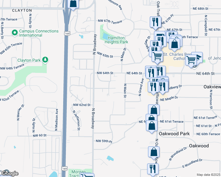 map of restaurants, bars, coffee shops, grocery stores, and more near 106 Northwest 63rd Street in Gladstone