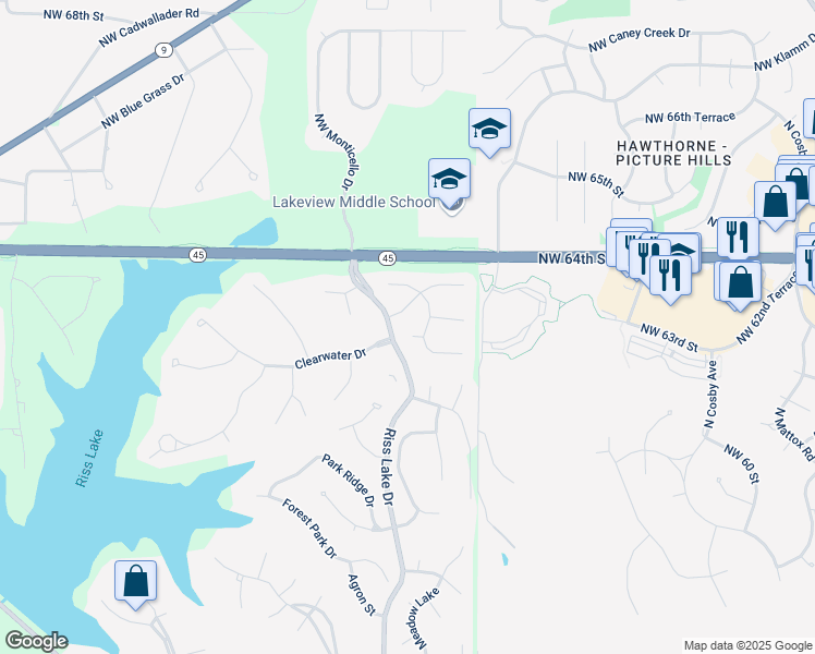 map of restaurants, bars, coffee shops, grocery stores, and more near 7823 Northwest Twilight Place in Parkville