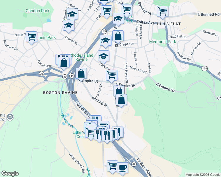 map of restaurants, bars, coffee shops, grocery stores, and more near in Grass Valley