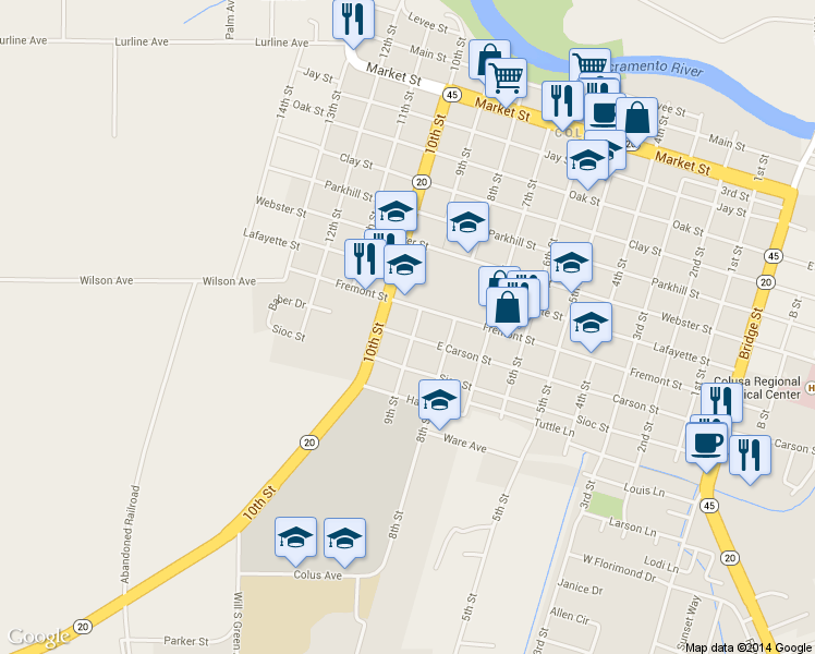 map of restaurants, bars, coffee shops, grocery stores, and more near 944 9th Street in Colusa