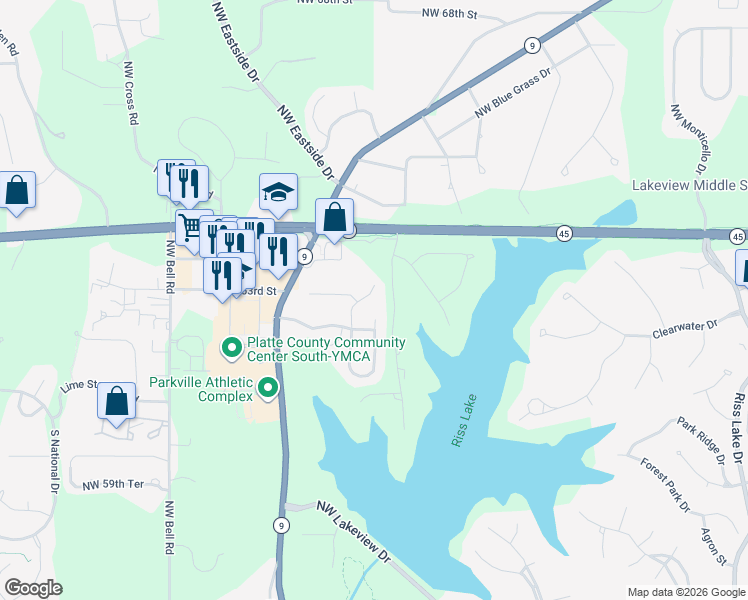 map of restaurants, bars, coffee shops, grocery stores, and more near 6217 Northwest Pineridge Road in Parkville