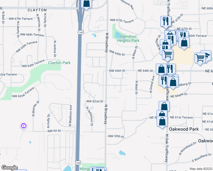 map of restaurants, bars, coffee shops, grocery stores, and more near N Broadway Ave & NW 63rd St in Gladstone