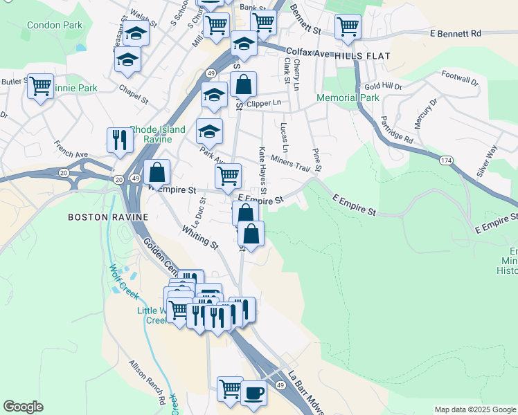 map of restaurants, bars, coffee shops, grocery stores, and more near 121 East Empire Street in Grass Valley