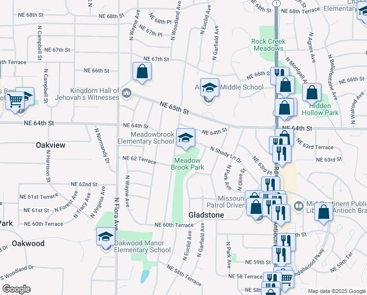 map of restaurants, bars, coffee shops, grocery stores, and more near 6301 North Michigan Avenue in Gladstone