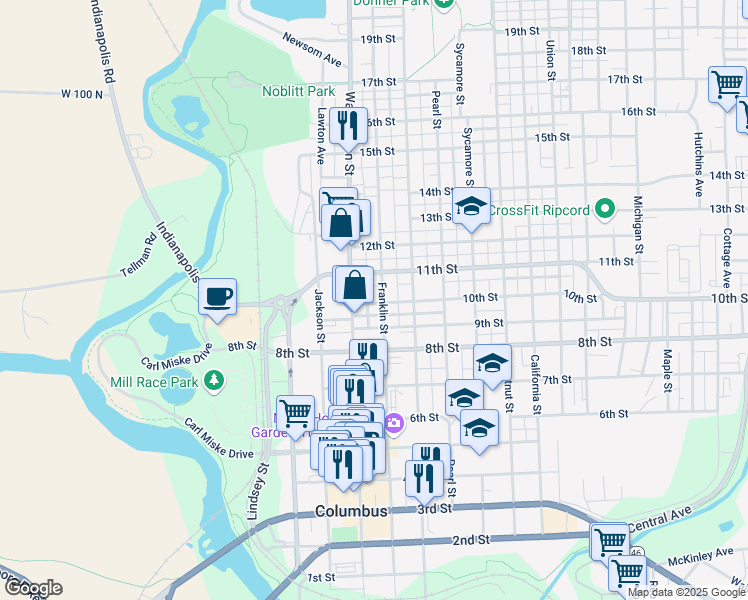 map of restaurants, bars, coffee shops, grocery stores, and more near 1010a Franklin Street in Columbus