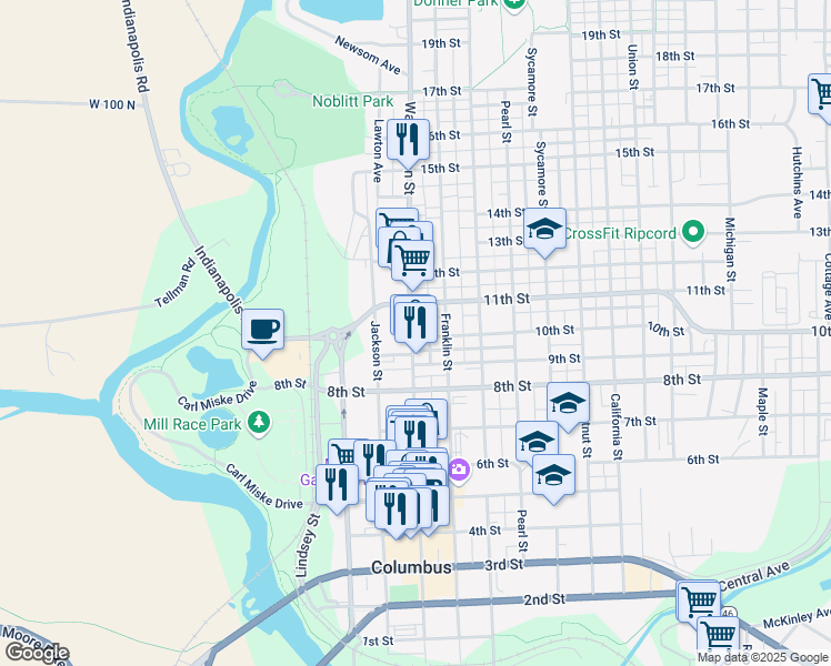 map of restaurants, bars, coffee shops, grocery stores, and more near 1003 Washington Street in Columbus
