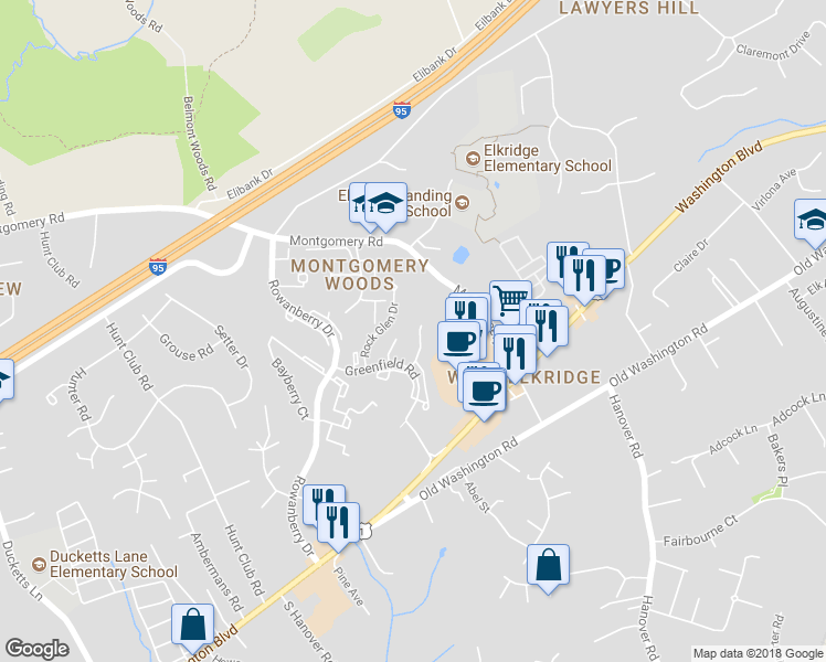 map of restaurants, bars, coffee shops, grocery stores, and more near 6431 Rockledge Court in Elkridge