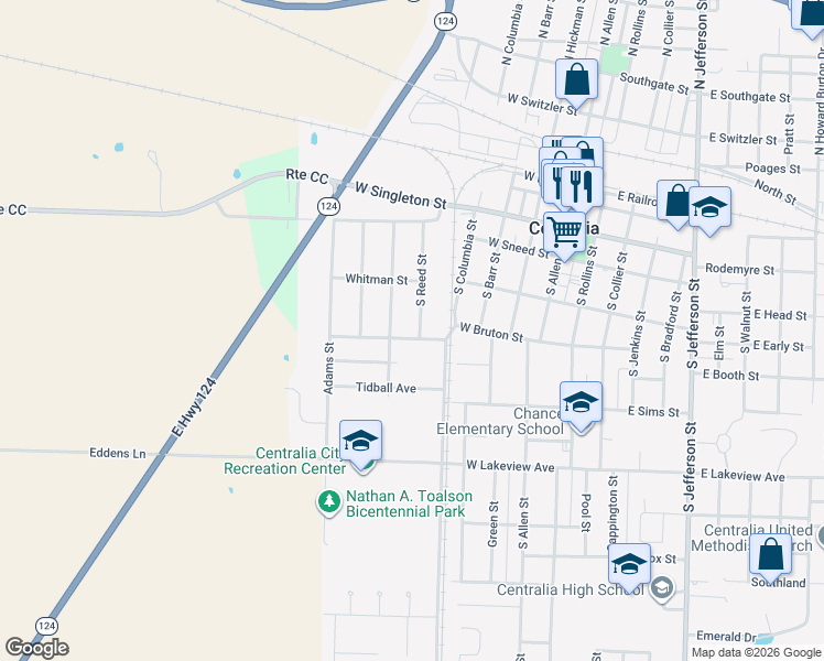 map of restaurants, bars, coffee shops, grocery stores, and more near 225 Reed Street in Centralia
