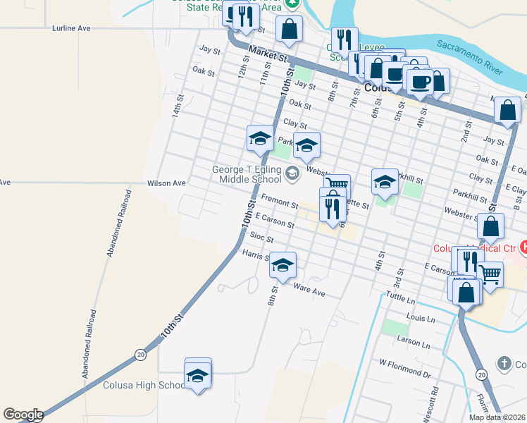 map of restaurants, bars, coffee shops, grocery stores, and more near 944 9th Street in Colusa