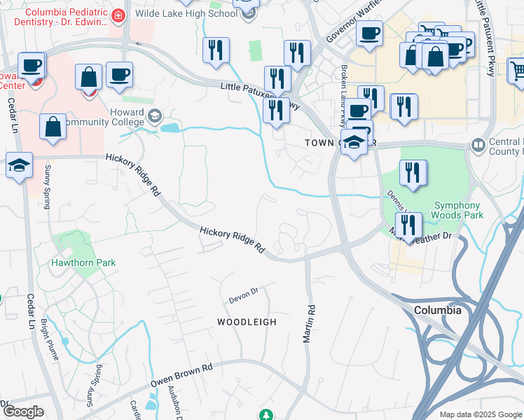 map of restaurants, bars, coffee shops, grocery stores, and more near 10346 College Square in Columbia