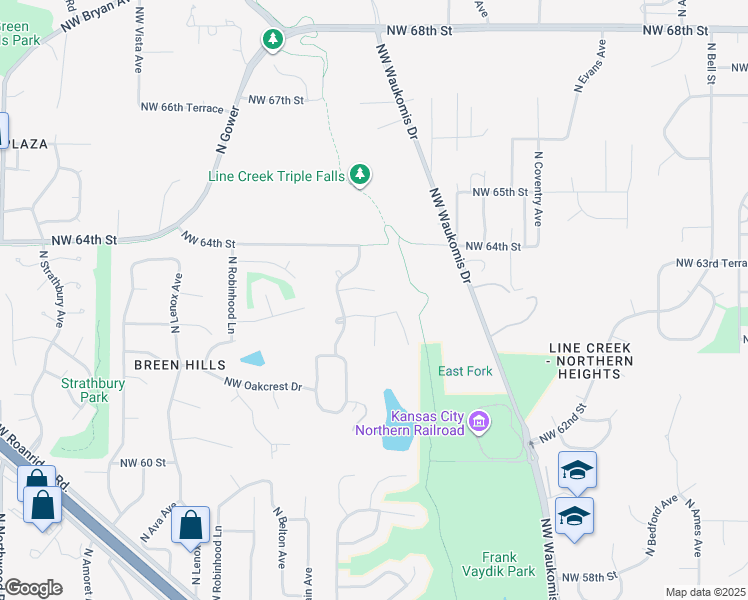 map of restaurants, bars, coffee shops, grocery stores, and more near 3009 Northwest 63rd Street in Kansas City
