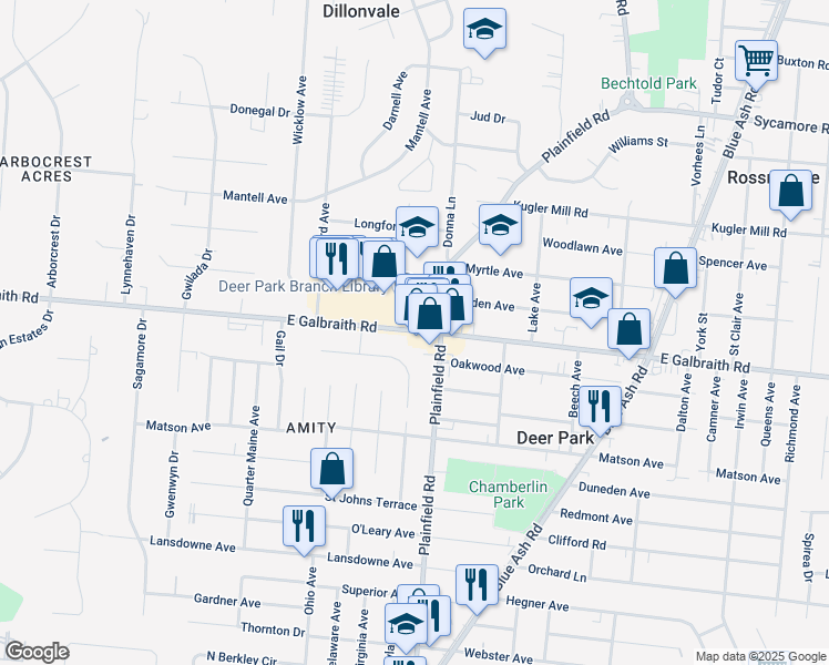map of restaurants, bars, coffee shops, grocery stores, and more near 4039 East Galbraith Road in Cincinnati