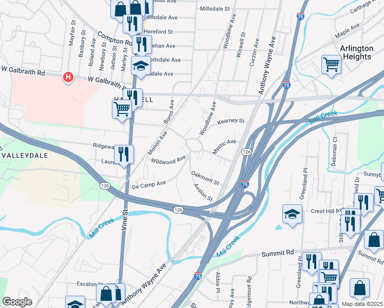 map of restaurants, bars, coffee shops, grocery stores, and more near 184 Woodbine Avenue in Cincinnati