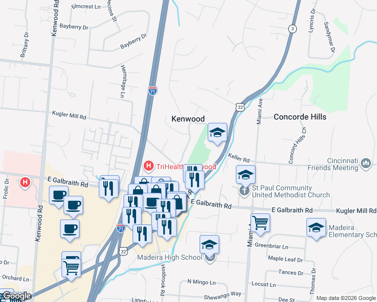 map of restaurants, bars, coffee shops, grocery stores, and more near 8342 Wetherfield Lane in Cincinnati