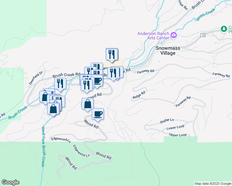 map of restaurants, bars, coffee shops, grocery stores, and more near 221 Woods Road in Aspen