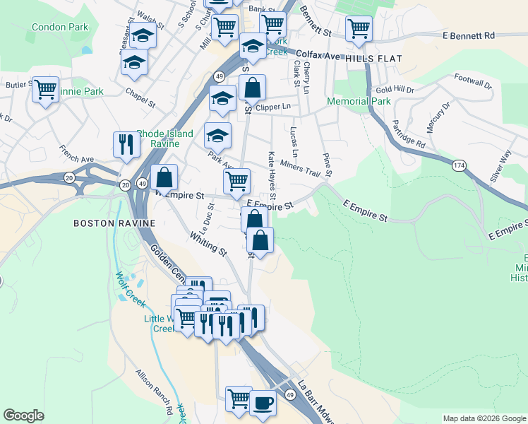 map of restaurants, bars, coffee shops, grocery stores, and more near 119 East Empire Street in Grass Valley