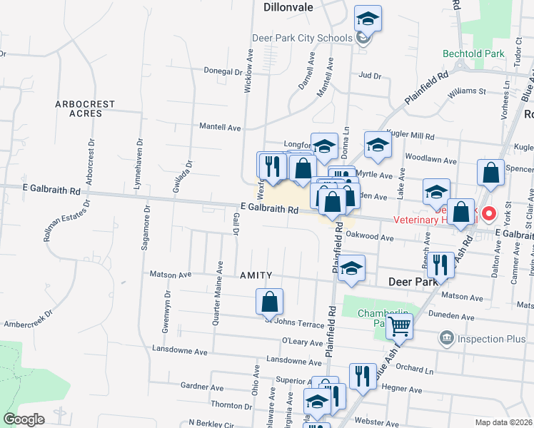 map of restaurants, bars, coffee shops, grocery stores, and more near 3909 East Galbraith Road in Cincinnati