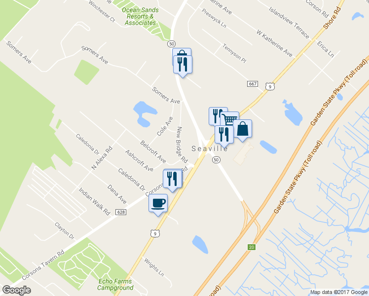 map of restaurants, bars, coffee shops, grocery stores, and more near 11 New Bridge Road in Cape May County