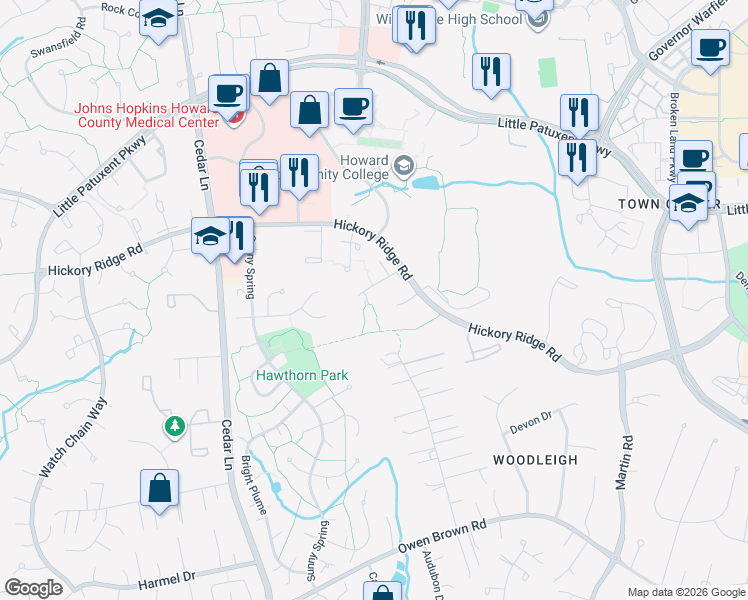 map of restaurants, bars, coffee shops, grocery stores, and more near 10643 High Beam Court in Columbia