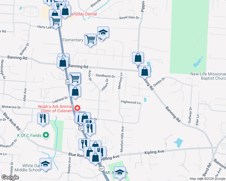 map of restaurants, bars, coffee shops, grocery stores, and more near 6781 Rutherford Court in Cincinnati