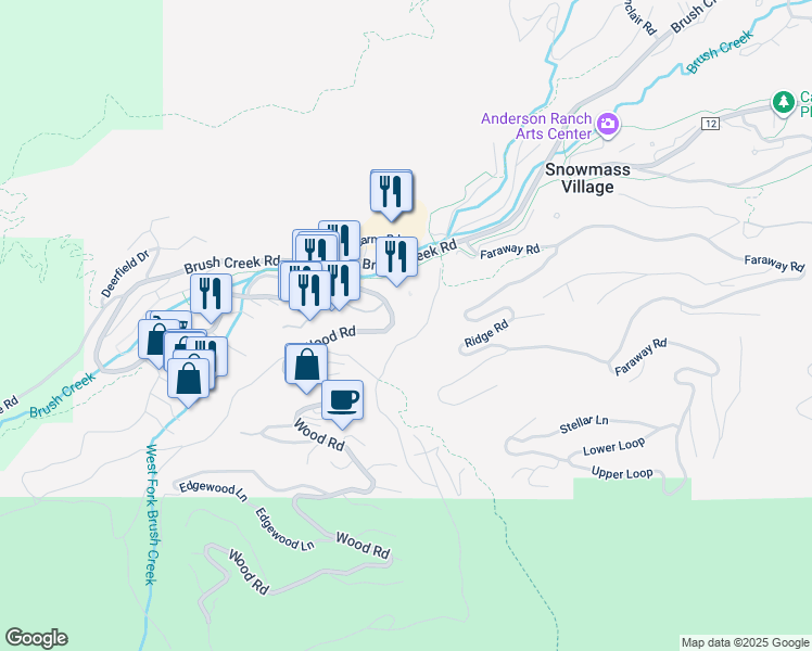 map of restaurants, bars, coffee shops, grocery stores, and more near 221 Woods Road in Aspen