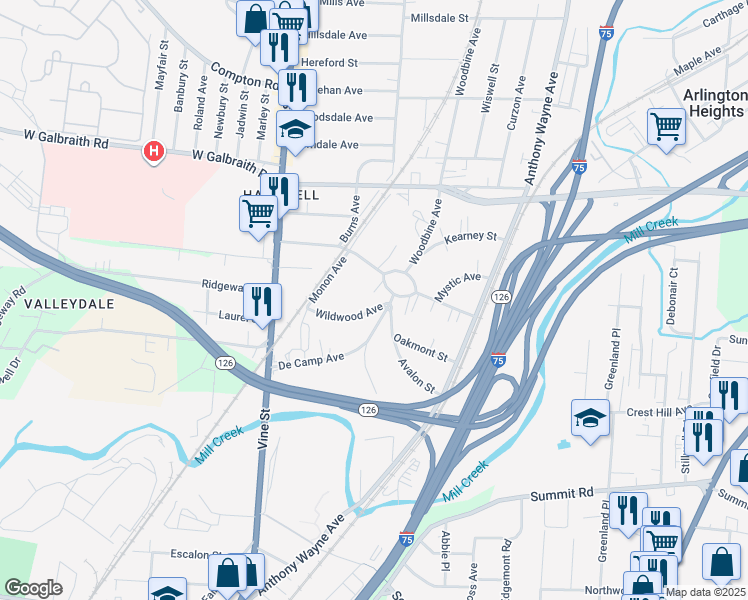 map of restaurants, bars, coffee shops, grocery stores, and more near 184 Woodbine Avenue in Cincinnati