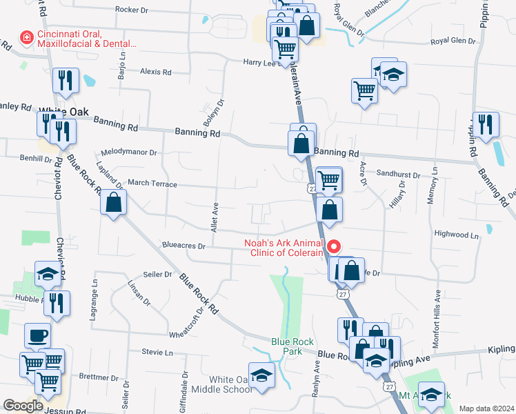 map of restaurants, bars, coffee shops, grocery stores, and more near 3200 Rinda Lane in Cincinnati